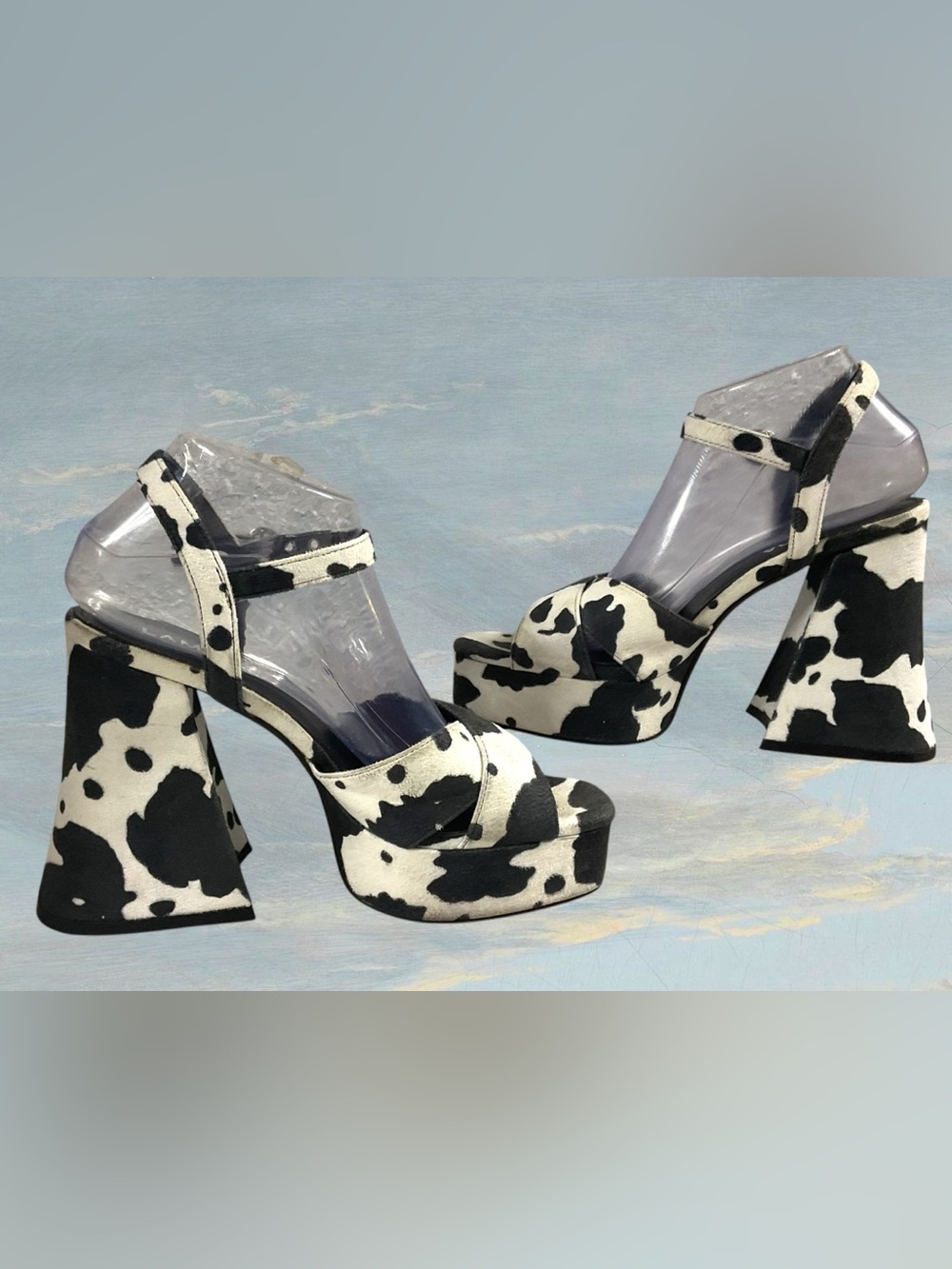 Lamoda Flared Heel-Cow Print Chunky Platform Sandals Size 7 w/Adjustable Buckle